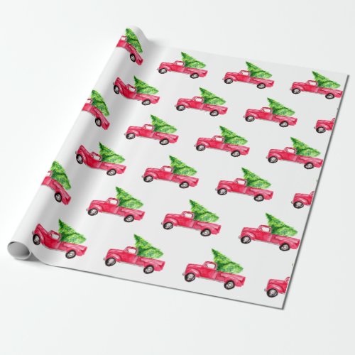 Red Pickup Truck Christmas Tree Watercolor Cute Wrapping Paper
