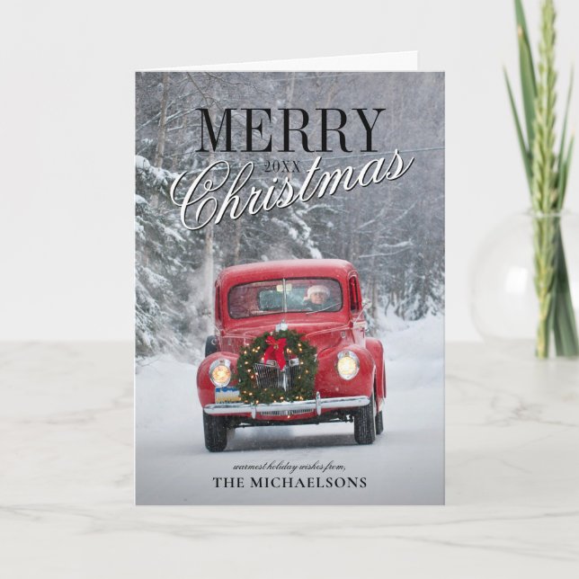 Red Pickup Truck Driving in Snow Holiday Card (Front)