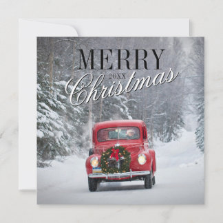 Red Pickup Truck Driving in Snow Holiday Card