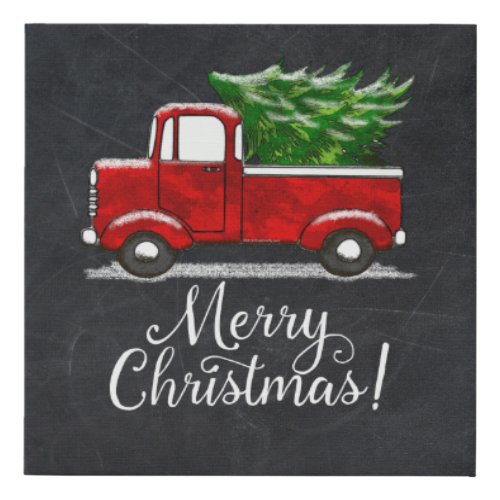 Red Pickup Truck Merry Christmas Country Rustic Faux Canvas Print