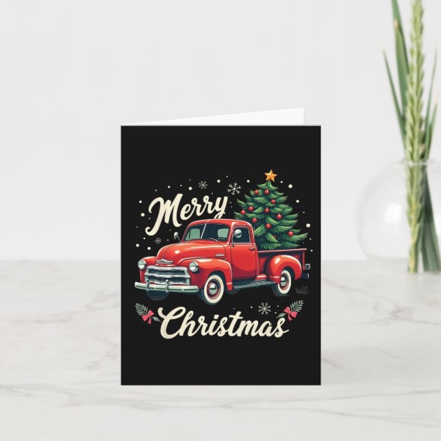 Red Pickup Truck Merry Christmas Tree Winter Holid Card (Front)