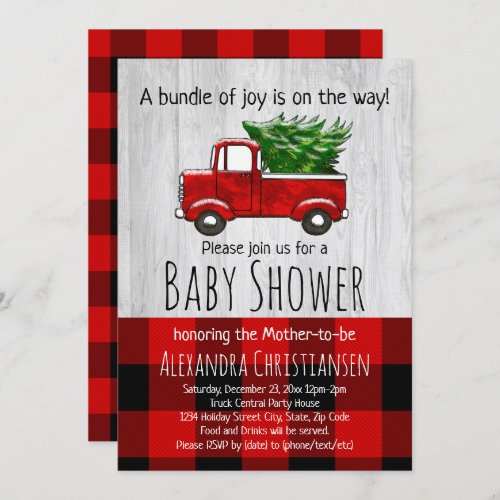 Red Pickup Truck Rustic Christmas Boy Baby Shower Invitation