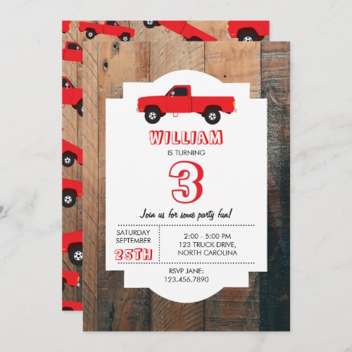 Red Pickup Truck Transportation Trucks Birthday Invitation