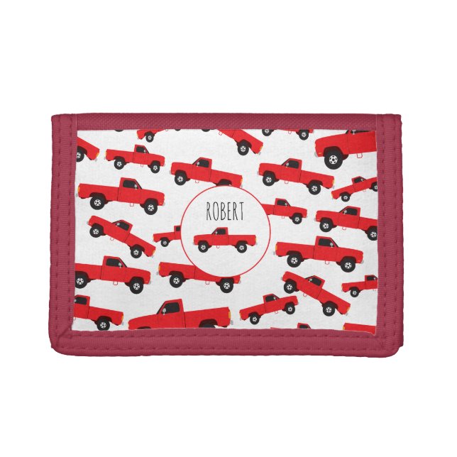 Red Pickup Truck Transportation Trucks Boys Name Trifold Wallet (Front)