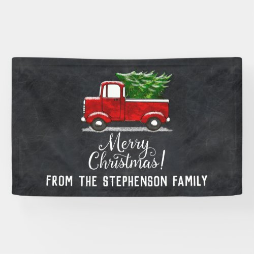 Red Pickup Truck Tree Merry Christmas Country Banner