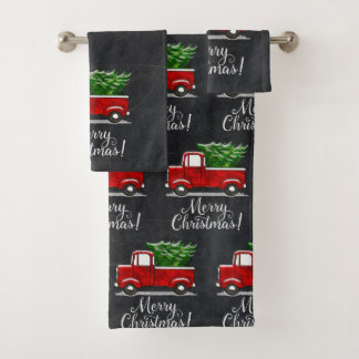 Red Pickup Truck Tree Merry Christmas Country Bath Towel Set