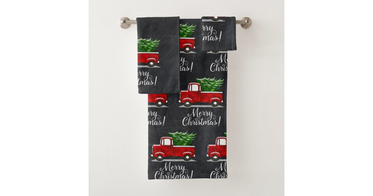 Red Pickup Truck Tree Merry Christmas Country Bath Towel Set Zazzle
