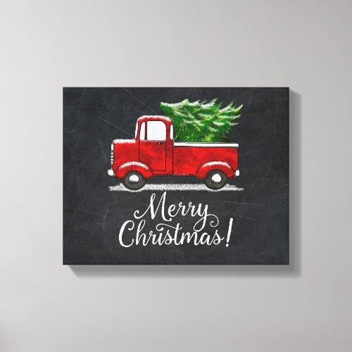 Red Pickup Truck Tree Merry Christmas Country Canvas Print