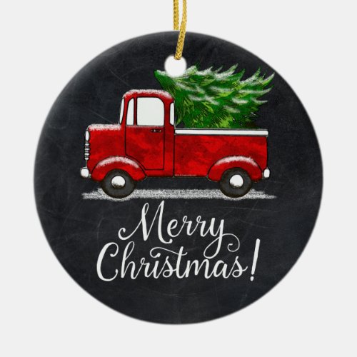 Red Pickup Truck Tree Merry Christmas Country Ceramic Ornament