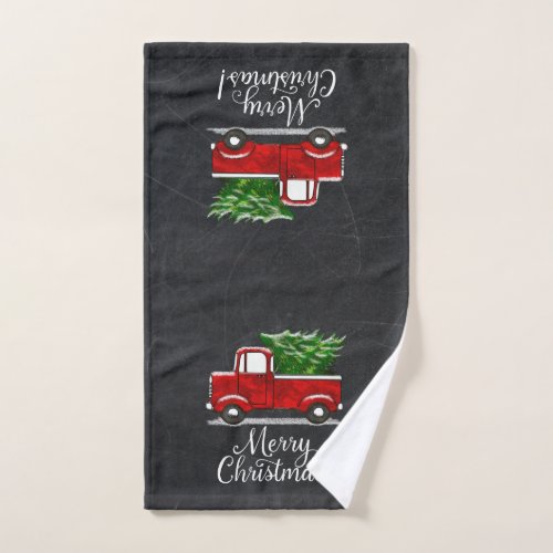 Red Pickup Truck Tree Merry Christmas Country Hand Towel