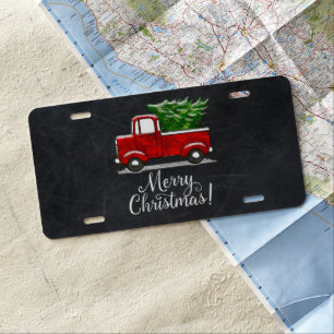 Red Pickup Truck Tree Merry Christmas Country License Plate