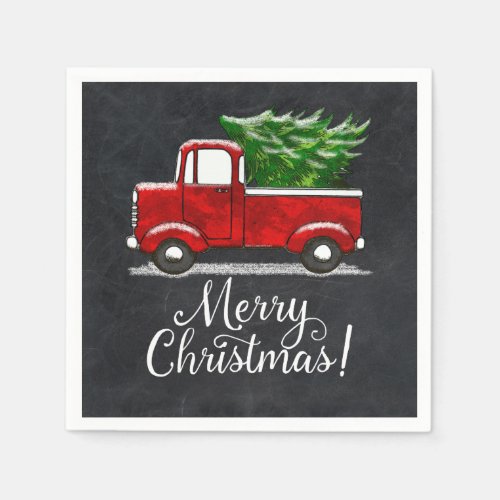 Red Pickup Truck Tree Merry Christmas Country Napkins