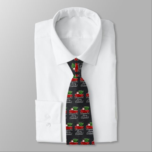 Red Pickup Truck Tree Merry Christmas Country Neck Tie