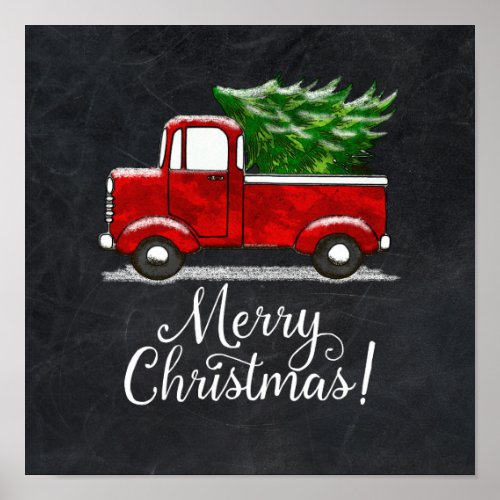 Red Pickup Truck Tree Merry Christmas Country Poster