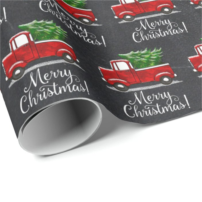 Red Pickup Truck Tree Merry Christmas Country Wrapping Paper