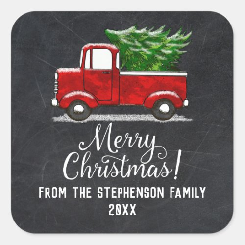 Red Pickup Truck Tree Merry Christmas Custom Square Sticker