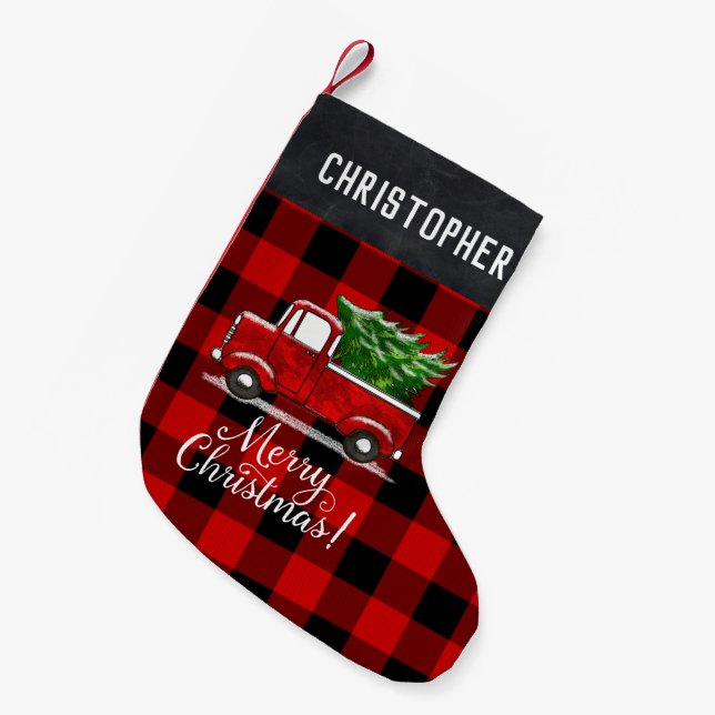 Red Pickup Truck Tree Merry Christmas Personalized Small Christmas Stocking (Front (Hanging))