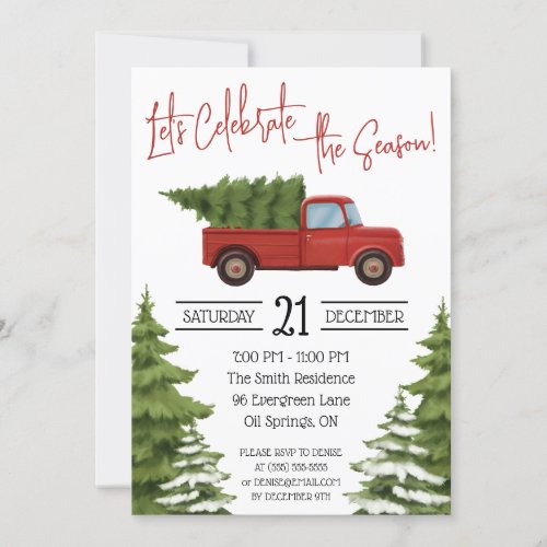 Red Pickup Truck with Christmas Tree Holiday Invitation