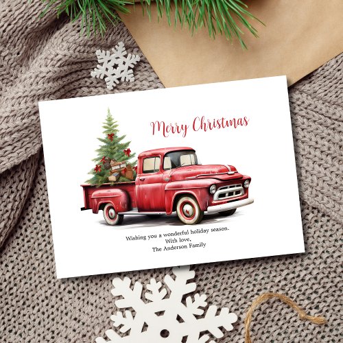 Red Pickup Truck with Tree in Back Christmas Card