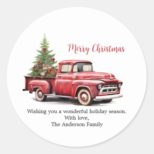 Red Pickup Truck with Tree in Back Christmas Card Classic Round Sticker