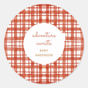 Red Picnic Plaid Adventure Awaits Fall Baby Shower Classic Round Sticker