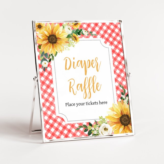 Red Picnic Sunflower Baby Shower Diaper Raffle Poster (Floral Picnic Baby Shower Diaper Raffle Sign)
