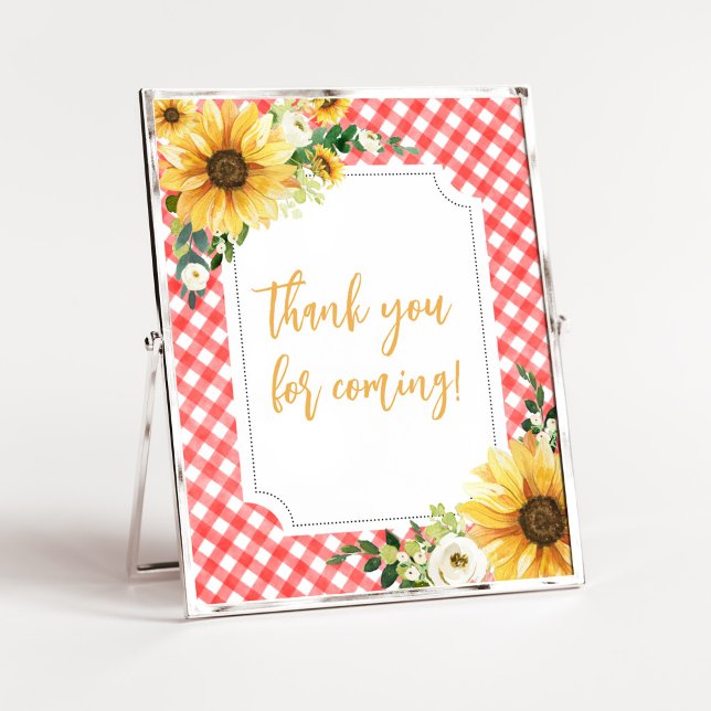 Red Picnic Sunflower Thank you for Coming Poster (Floral Picnic Baby Shower Thank you for Coming Sign)