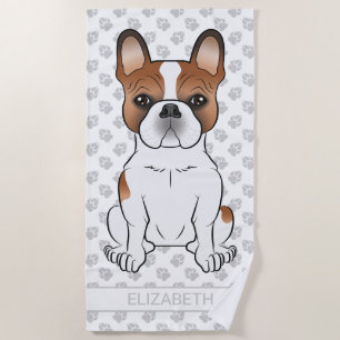 Red Piebald French Bulldog Cute Cartoon Dog & Name Beach Towel
