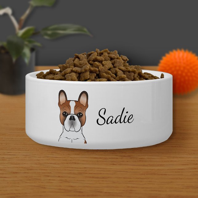Red Piebald French Bulldog Cute Cartoon Dog & Name Bowl (Creator Uploaded)