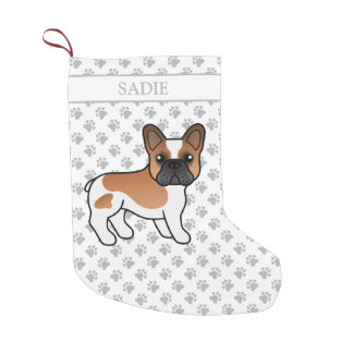 Red Piebald French Bulldog Cute Cartoon Dog &amp; Name Small Christmas Stocking