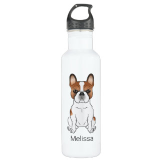 Red Piebald French Bulldog Cute Cartoon Dog &amp; Name Stainless Steel Water Bottle