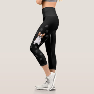 Red Piebald French Bulldog Cute Cartoon Dog & Paws Capri Leggings