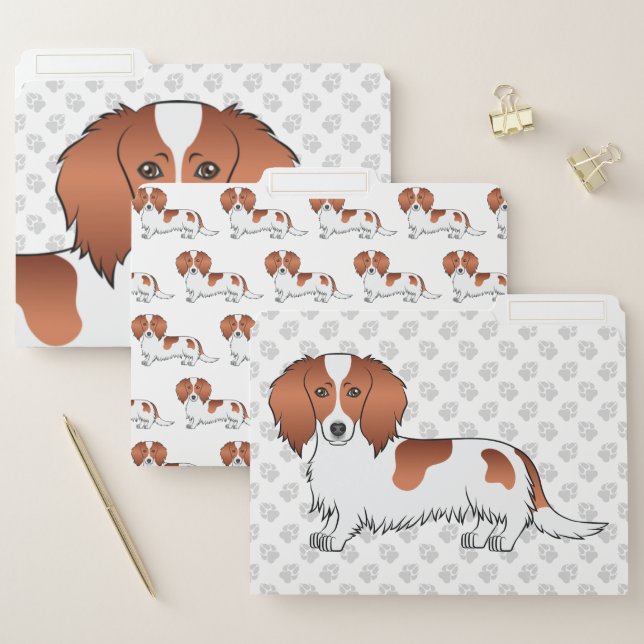 Red Piebald Long Hair Dachshund Cartoon Dog File Folder (Set)