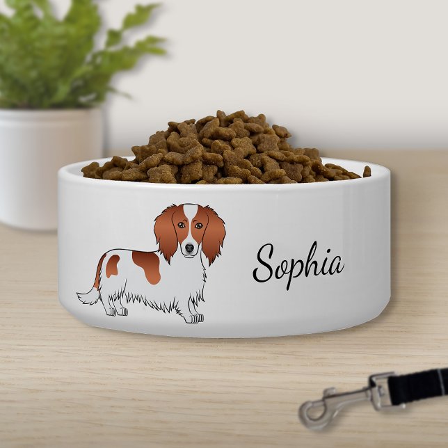 Red Piebald Long Hair Dachshund Cartoon Dog & Name Bowl (Creator Uploaded)