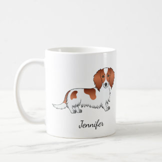 Red Piebald Long Hair Dachshund Cartoon Dog &amp; Name Coffee Mug