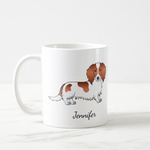 Red Piebald Long Hair Dachshund Cartoon Dog  Name Coffee Mug