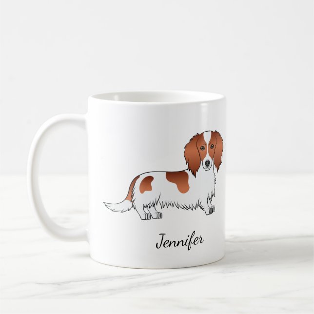 Red Piebald Long Hair Dachshund Cartoon Dog & Name Coffee Mug (Left)