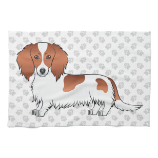 Red Piebald Long Hair Dachshund Cartoon Dog &amp; Paws Kitchen Towel