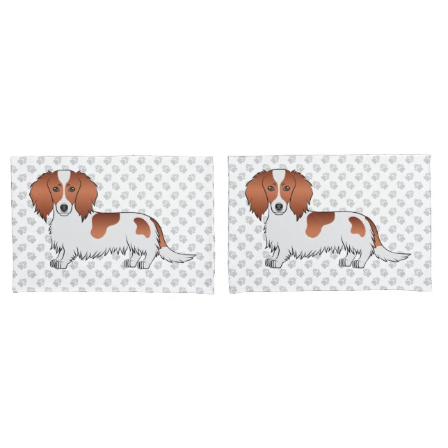 Red Piebald Long Hair Dachshund Cartoon Dog & Paws Pillow Case (Front-Set)