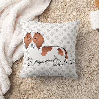 Red Piebald Long Hair Dachshund Cartoon Dog &amp; Paws Throw Pillow