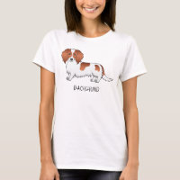 Red Piebald Long Hair Dachshund Cartoon Dog & Text T-Shirt