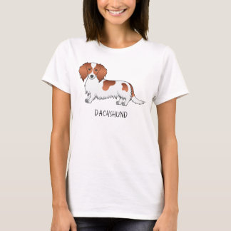 Red Piebald Long Hair Dachshund Cartoon Dog &amp; Text T-Shirt