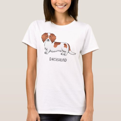 Red Piebald Long Hair Dachshund Cartoon Dog  Text T_Shirt