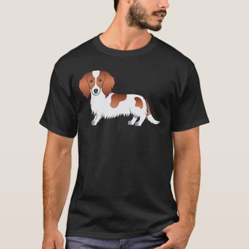 Red Piebald Long Hair Dachshund Cute Cartoon Dog T_Shirt