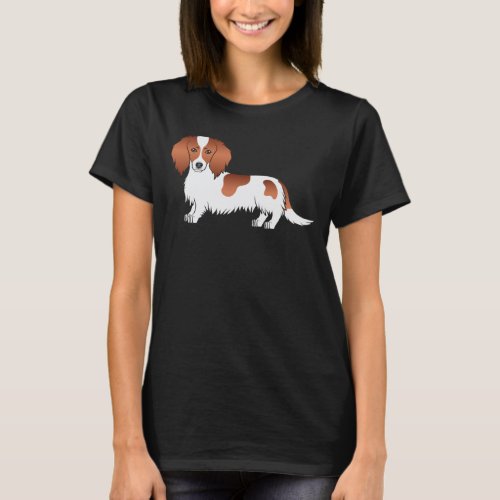 Red Piebald Long Hair Dachshund Cute Cartoon Dog T_Shirt