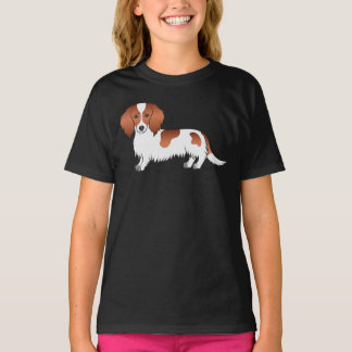 Red Piebald Long Hair Dachshund Cute Cartoon Dog T-Shirt