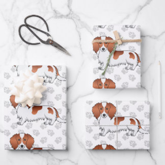 Red Piebald Long Hair Dachshund Dog Pattern &amp; Paws Wrapping Paper Sheets