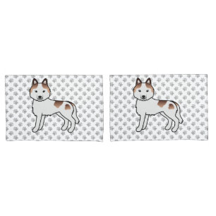 Red Piebald Siberian Husky Cartoon Dog And Paws Pillow Case