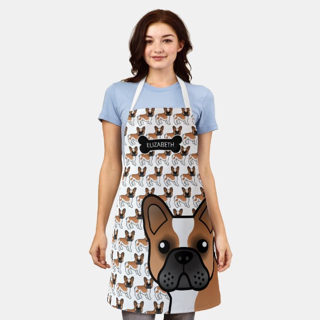Red Pied French Bulldog Cute Cartoon Dog & Name Apron (Worn)