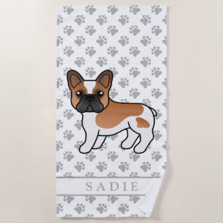 Red Pied French Bulldog Cute Cartoon Dog &amp; Name Beach Towel